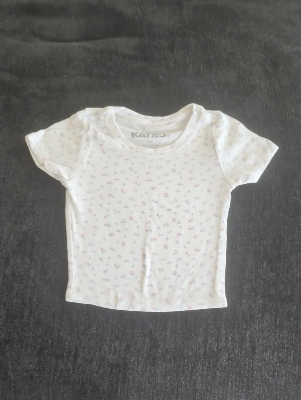 Katie J NYC White Short-Sleeve Ribbed Tee with Pink & Blue Dot Print